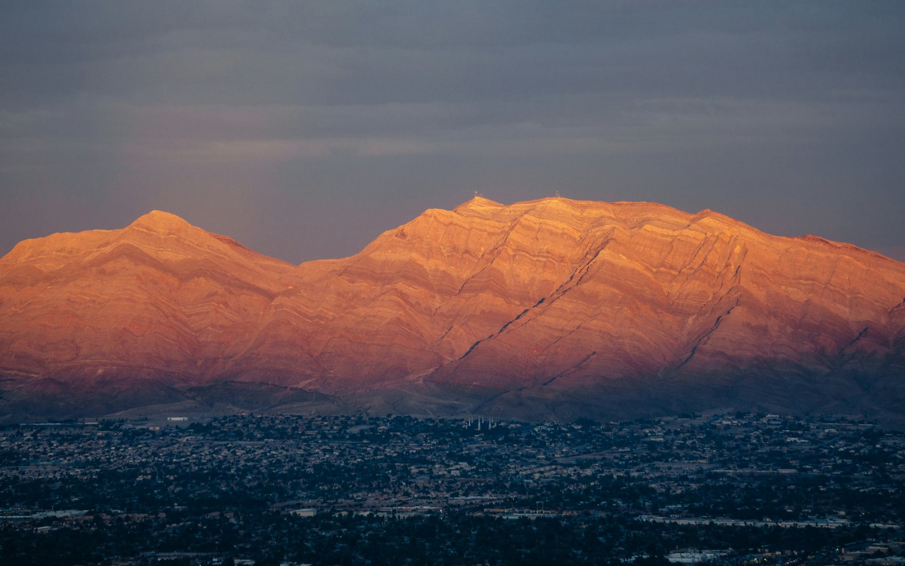 The mountains above Las Vegas, lit at sunset