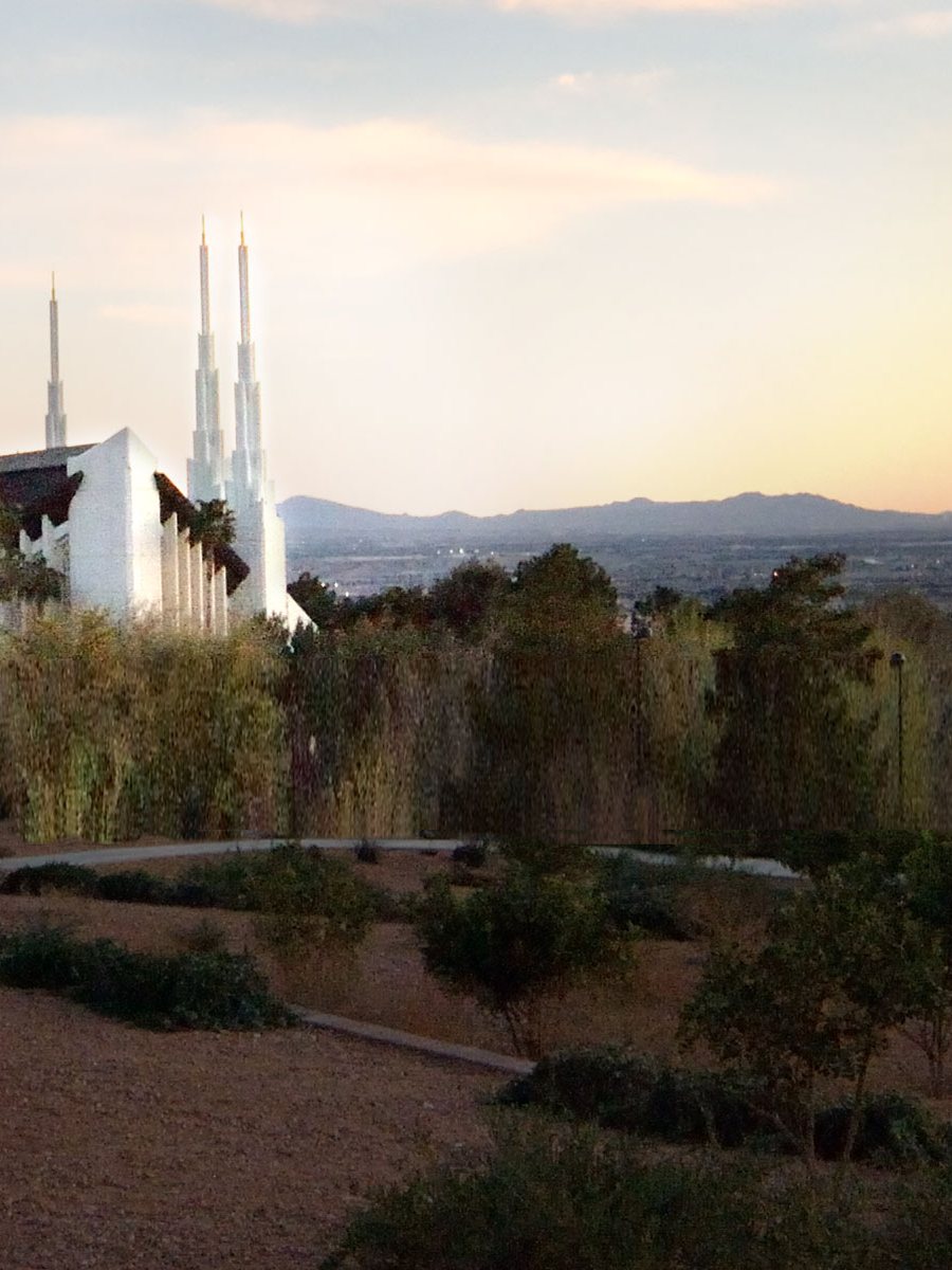 The Las Vegas Nevada Temple at dusk, on the east side of the valley.